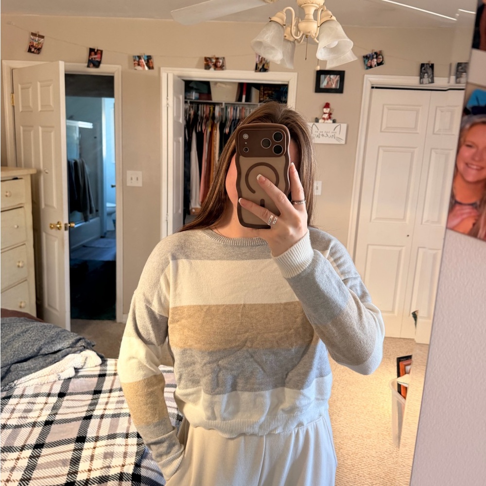 Poof! Women's Crewneck Sweater in Cream, Gray, and Tan